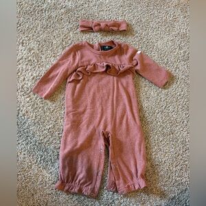 7 For All Mankind Dusty Rose Ruffle Baby Footie with Headband